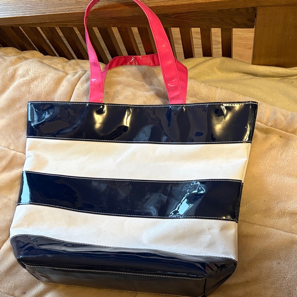 Estee Lauder Navy and White Tote with Pink Handles